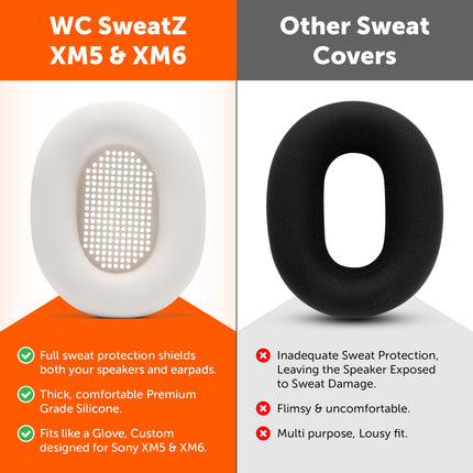 WC SweatZ XM5 &amp; XM6 – Patented Sweat Protection Ear Cushions for Sony WH1000XM5 &amp; WH1000XM6 by Wicked Cushions | Complete 360-Degree Ear Cushion Protection | Silver