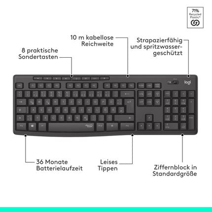 Logitech MK295 juhtmevaba klaviatuuri ja hiire komplekt SilentTouch tehnoloogiaga, otseteede klahvidega, optilise jälgimisega, nano-USB-vastuvõtjaga, viivituseta juhtmevaba ühendusega, QWERTZ-paigutus - grafiit, PC