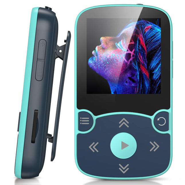 AGPTEK MP3-mängija Bluetooth 5.3 Sport 64GB 1,5-tollise TFT värvilise ekraaniga, mini-muusikamängija klambriga, toetab kuni 128GB SD-kaarti, sinine