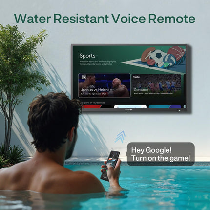 SYLVOX 75-tolline õueteler, IP55 veekindlus, 1000 nitti, 4K UHD HDR10, nutikas Android-teler Dolby Audio, DVB-T2/S2, HBBTV ja Google Assistantiga. Ilmastikukindel televiisor terrassile, aeda ja äripindadele.