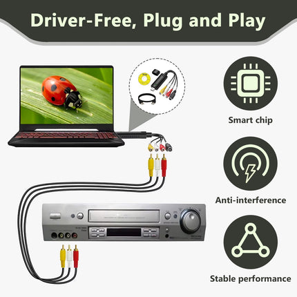 Audio Video Grabber USB 2.0, USB video salvestuskaart, audio-video muundur, mis toetab VHS-i, Hi8-d, DVD-d, videomaki digitaalseks muutmist, audio-video muundur arvutile, telerile, Macile, ühildub Windows 11/10/8/7 ja Maciga