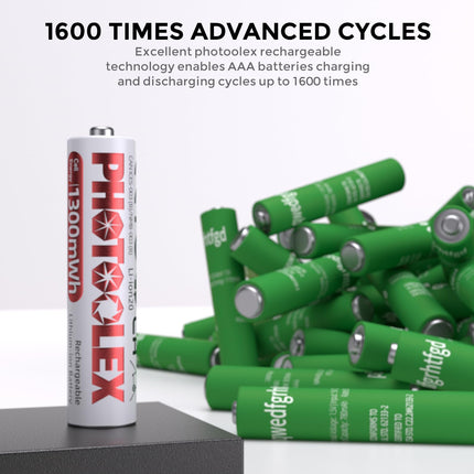 PHOTOOLEX AAA rechargeable lithium batteries 8 pieces with charger, 1300mWh high capacity 1.5V constant output voltage triple A Li-ion battery, 1600+ cycles AAA battery with quick charger