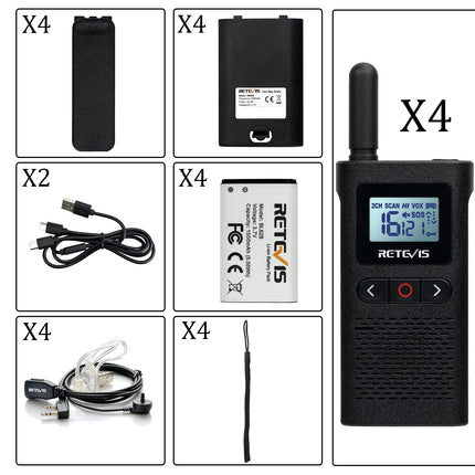 Retevis RB628 kahesuunaline raadiosaatja, laetav kahesuunaline raadiosaatja kõrvaklappidega, PMR446 litsentsivaba 16 kanalit, 1500mAh, VOX, LCD-ekraan, CTCSS/DCS, pihuarvuti restorani jaoks (4 tk, must)