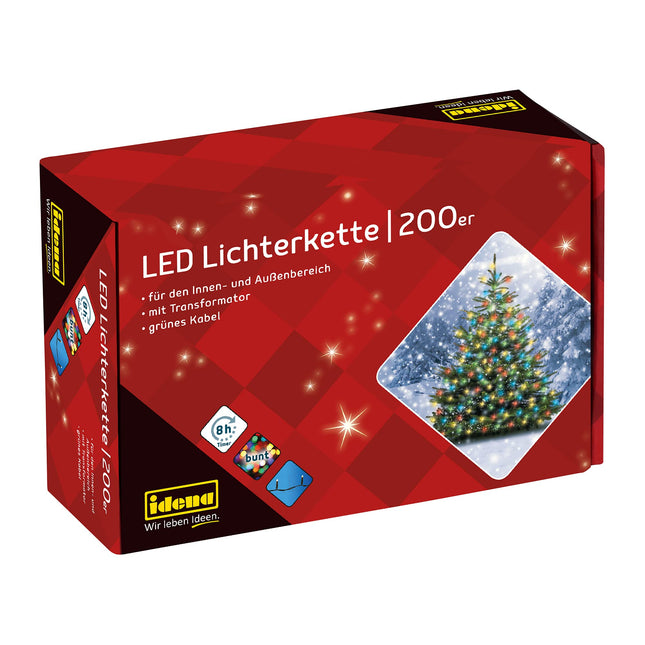 Idena 8325068 - LED light chain with 200 colorful LEDs, with 8-hour timer function and transformer, approx. 27.9 m long, for indoor and outdoor use, as decoration for parties, Christmas, weddings, 27.90 m