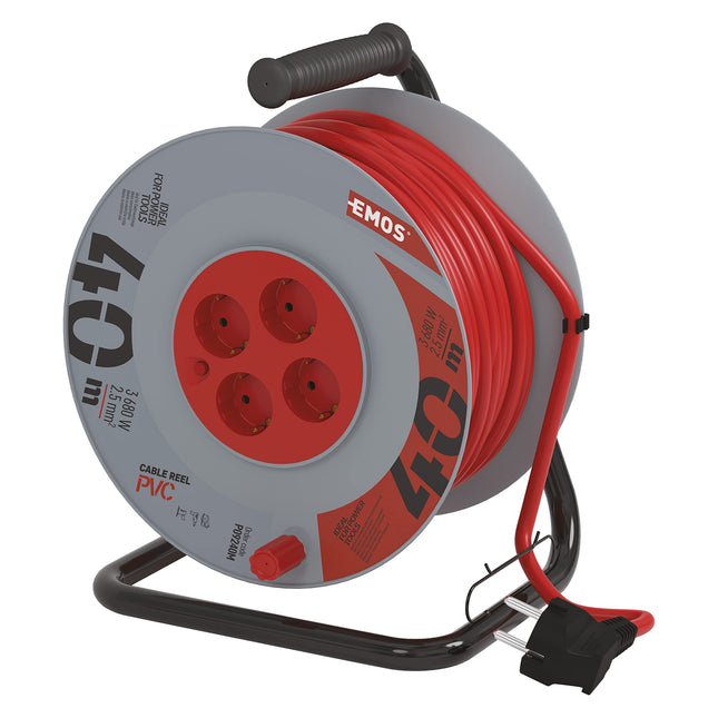 EMOS - 40m kaablirull tugevdatud pikenduskaabliga - 4 Schuko pistikupesa - 230 V, 16 A, 3680 W - PVC isolatsioon - H05VV-F3G 2,5 mm² - ülekuumenemiskaitse - IP20 sisekasutuseks, hall-punane
