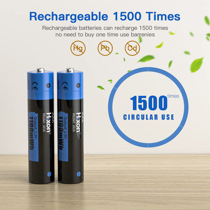 Hixon AAA Lithium Battery, Rechargeable 1.5V Lithium AAA Battery, 1100mWh High Capacity, 2 Hours Fast Charge, 8 Pieces AAA Battery with Black Charger