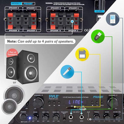 Pyle PTA44BT karaoke Bluetooth võimendi, juhtmevaba, 4-kanaliga stereoheli kodukino kõlar, helivõimendi vastuvõtja AUX-sisendiga, FM, RCA subwoofer, kõlar, väljund, USB, mikrofoni sisend