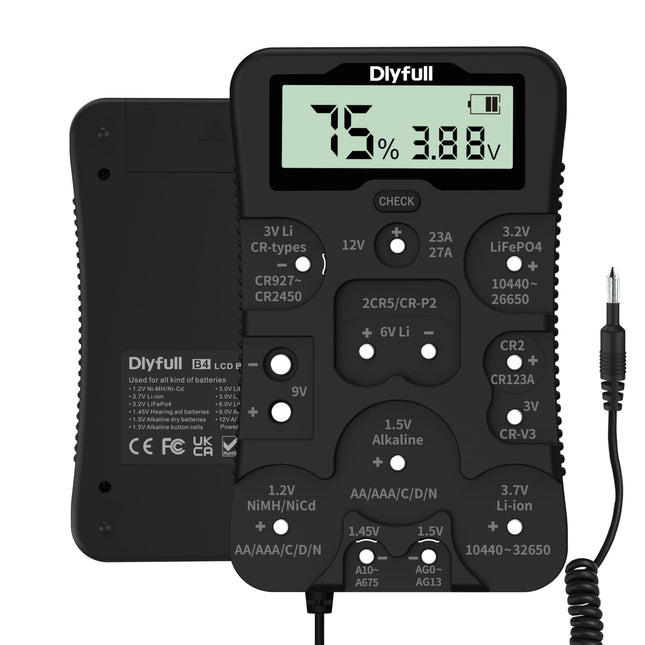 Dlyfull universaalne akutester AAA AA CD 9V CR123A CR2032 jaoks, akumõõtur LCD-ekraaniga kõikidele patareidele ja laetavatele akudele, digitaalne testseade 1,5 V ja 3 V nööppatareidele, B4 pro