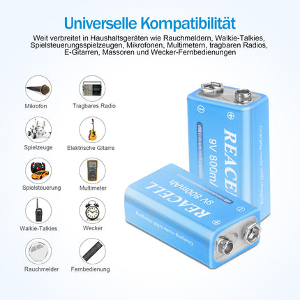 REACELL 2 Pack 9V Block Battery 800mAh USB Rechargeable Lithium Battery 1.5 Hours Fast Charging 9V Battery Suitable for Smoke Detectors