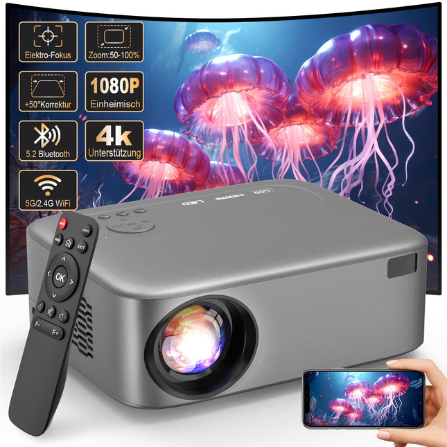 [Electric Focus] FRESHDEW projektor, 5G WiFi projektor Bluetooth Native 1080P projektoriga, 26000L LCD tehnoloogiaga kodukino välistingimustes kasutamiseks/kodukino videoprojektor statiiviga iOS/Android/TV Stick jaoks