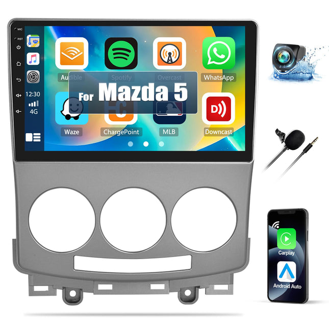 2G+64G CAMECHO Android 13 autoraadio ja navigatsiooniga Mazda 5 2007 2008 2009 2010 koos CarPlay Android Autoga, 9-tolline puutetundlik ekraan 2Din GPS-i, WiFi navigatsiooni, Bluetooth FM/RDS raadio, SWC tahavaatekaamera ja mikrofon