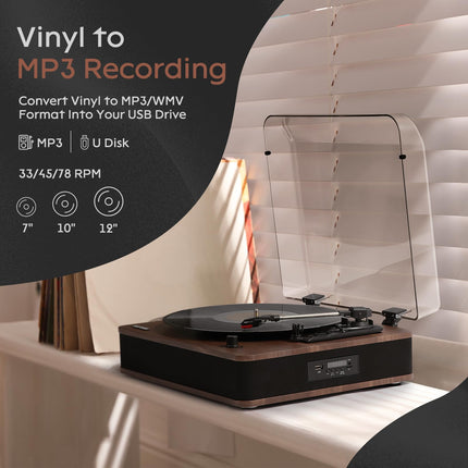 Retrospiler Record Player, Bluetooth Input and Output Turntable with Built-in Speakers, FM Radio, Vinyl MP3 Recording, USB and SD Playback, LED Screen, Walnut