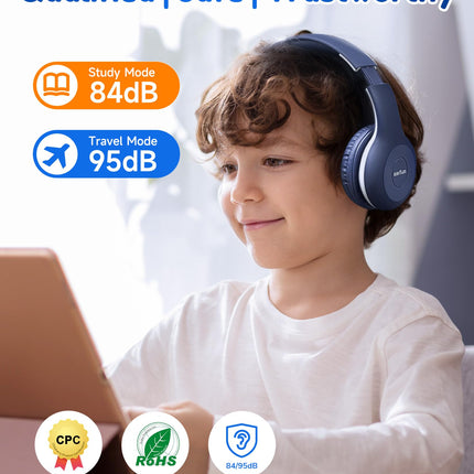 EarFun Bluetooth kõrvaklapid lastele, 85/94dB helitugevuse reguleerimine, HiFi heli, HD mikrofon, 40 tundi aku kestvust, kokkupandavad, reguleeritavad, juhtmevabad Bluetooth kõrvaklapid lastele kooli/reisimiseks, sinised