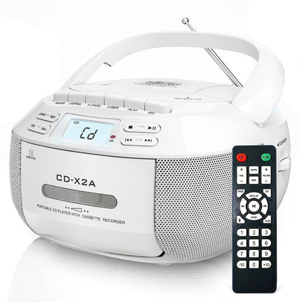 Greadio kaasaskantav CD-mängija, Boombox-kassettmängija Bluetoothiga, FM-raadio puldiga, AUX/USB taasesitus, kassettmakk, vahelduvvoolukaabel/patareitoide, LCD-ekraan lastele (valge)