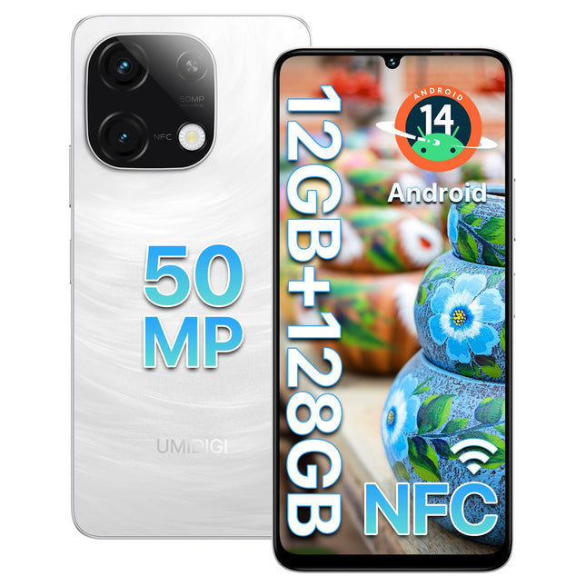 UMIDIGI G9C NFC nutitelefon ilma lepinguta Android 14-12(6+6) GB+128GB 50MP kaameraga mobiiltelefon 6,75-tolline 90Hz ekraan, 5000mAh, 2,2GHz protsessor, 4G kahe SIM-kaardiga, kaasas laadija, Bluetooth 5.4/Face ID/GPS-valge