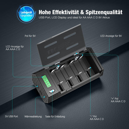 EBL 908 universaalne akulaadija - AA/AAA/Baby C/Mono D/9-voldise plokk-/NiMH/NiCD laetavate akude ja USB-seadmete jaoks, LCD-tühjendaja ja USB-akulaadija
