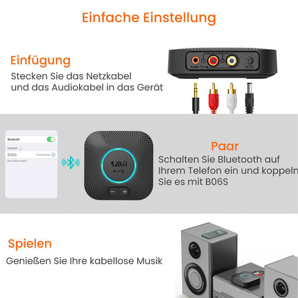 1Mii B06S Bluetooth-audioadapter helitugevuse regulaatoriga, HiFi Bluetooth 5.2 vastuvõtja, aptX HD ja madala latentsusega traadita audiovastuvõtja stereokõlarite jaoks, kahekordne ühendus