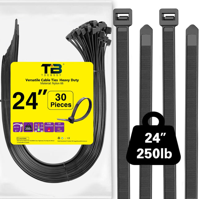 Cable ties black 600mm x 12.4 mm cable ties large long black cable ties extra long cable ties heavy duty, 30 pieces zipties with 113kg tensile strength, outdoor industrial cable ties UV resistant
