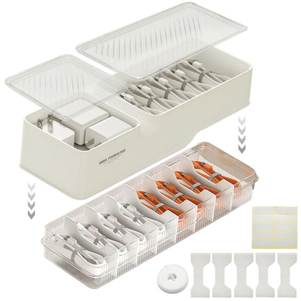 YTACREA Cable Organizer Box with Lid - Double Layer, White Cable Box with Adjustable Compartments, Cable Organizer for Charging Cables, Batteries, Cable Management on the Desk, Cable Management Box, 1 Piece