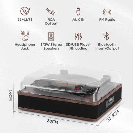 Retrospiler Record Player, Bluetooth Input and Output Turntable with Built-in Speakers, FM Radio, Vinyl MP3 Recording, USB and SD Playback, LED Screen, Walnut