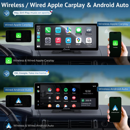 Carpuride W103 Pro juhtmevaba Bluetooth-edastusega kaasaskantav Carplay ja Androidi autostereo, 10,3-tolline 1080P puuteekraan peegeldamisega, toetab veoauto armatuurlauale paigaldamist