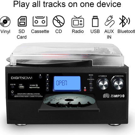 DIGITNOW! Plaadimängija Bluetoothi, USB-plaadimängija ja kodeerimisfunktsiooniga, klassikaline CD-mängija FM-kassetiga, 3 kiirustaset, 33/45/78 p/min, integreeritud kõlarid.