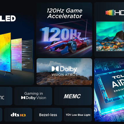 TCL C641 QLED 4K UHD teler 75 tolli (189 cm), 120 Hz mängimine, HDR10+, Dolby Vision, Dolby Atmos, nutiteler, kolmekordne tuuner DVB-T2/S2/C, Google TV, must, 2023
