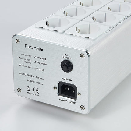 Pailvens HiFi pikendusjuhe, 8-suunaline häirete filtri pistikupesa LCD-ekraaniga, ülepingekaitse, koormuskaitse kuni 15 A, mitmikpesa kõlaritele, CD-DVD-mängija, hõbedane