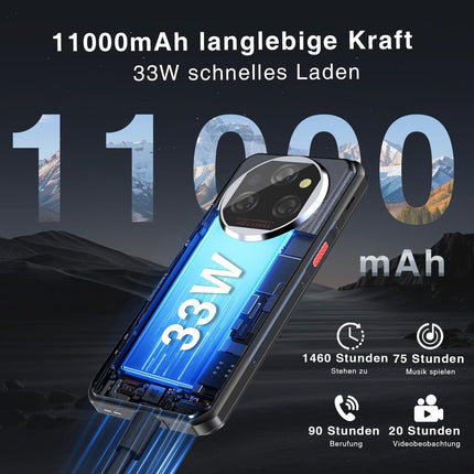 OUKITEL WP39 Pro Outdoor Mobile Phone 5G 36GB+512GB/2TB, 11000mAh Android 14 Outdoor Smartphone Without Contract, MTK6300 Octa-Core Waterproof Construction Site Phone, 64MP+32MP, 6.6'' FHD+/Fingerprint/NFC/33W-Black