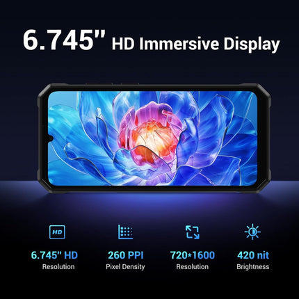 FOSSiBOT F105 Android 14 Mobile Phone, 10300mAh Battery Outdoor Mobile Phone Without Contract, 12(4+8) GB + 64GB/128GB, 6,745 Inch Display Outdoor Mobile Phone Without Contract, 20MP + 8MP, 4G Dual SIM GPS/OTG/IP68