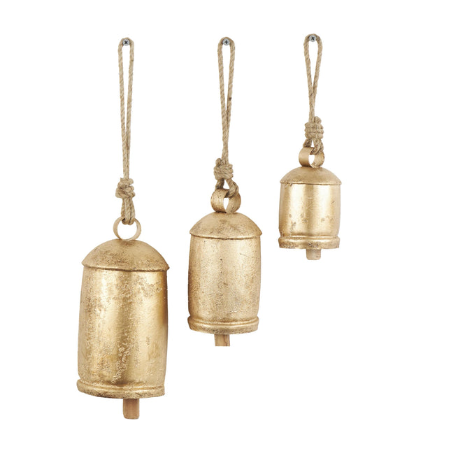 Deco 79 Decorative Tibetan-style metal cowbells with jute hanging rope, set of 3, 25.4 cm, 20.3 cm, 15.2 cm high, gold