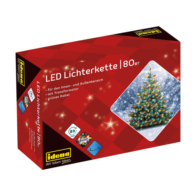 Idena 8325059 - 80 värvilise LED-iga LED-valguskett, 8-tunnise taimerifunktsiooni ja trafoga, umbes 15,9 m pikk, sise- ja välistingimustes kasutamiseks, pidudeks, jõuludeks, kaunistamiseks, pulmadeks