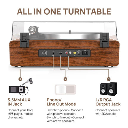 Retrolife Record Player with Integrated Speakers Belt Drive 33/45 RPM Vinyl Record Player Supports Bluetooth Playback with Auto-Stop Function RCA Out and AUX-In Yellow-Brown