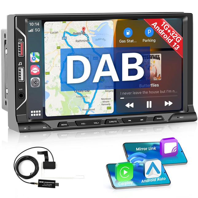 Hikity Car Radio DAB+ Double Din Android 13 with Navigation 7 Inch Touch Screen Carplay Android Auto Audio Radio with Bluetooth Handsfree Mirror Link WiFi Support Rear View Camera AUX