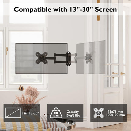 BONTEC arvutimonitori seinakinnitus, teleri seinakinnitus, pööratav/kallutatav, 13–30-tollisele plasma kumerale monitorile ja telerile, VESA 75x75/100x100mm, kuni 15kg, koos loodiga