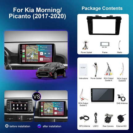 YUNTX [DAB-4G+64G] Android 14 autoraadio Kia Picanto Morningile (2017-2020) - [sisseehitatud DAB+/CarPlay/Android Auto/DSP/GPS] - 9” IPS 2.5D puuteekraan - mikrofon + kaamera - USB/MirrorLink/Bluetooth 5.0
