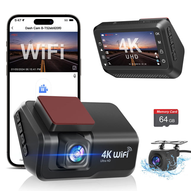 CHORTAU auto armatuurlaud esi-taga 4K+1080P, WiFi armatuurlaud kaamera 3-tolline LCD-ekraan 64GB SD-kaardiga, topelt autokaamera rakenduse juhtimisega, superöine nägemine, WDR, G-andur, tsükkelsalvestus, parkimise jälgimine