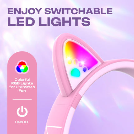PowerLocus Bluetooth kõrvaklapid lastele, kõrvapealsed kõrvaklapid helitugevuse piiranguga 74/85/94dB, LED-tuled, juhtmevaba ja Aux-kaabel, kokkupandavad kõrvaklapid mikrofoniga (lilla/roosa)