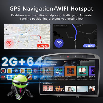 2G+64G Android autoraadio Peugeot 308 408 2007-2015 mudelitele koos juhtmevaba Carplay, Android Auto Mirrorlink, Hodozzy 9-tollise puutetundliku ekraaniga autoraadio navigatsiooniga, DSP, Bluetooth, WiFi, FM/RDS raadio, roolil juhtimine
