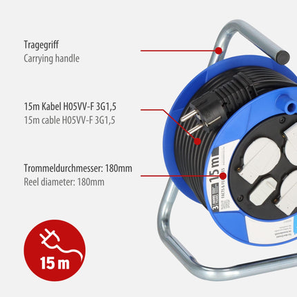 Brennenstuhl Garant Kompakt kaablirull 3-suunaline USB-ga (kaablirull USB-laadimisfunktsiooniga ja 15 m kaabliga, valmistatud Saksamaal) sinine