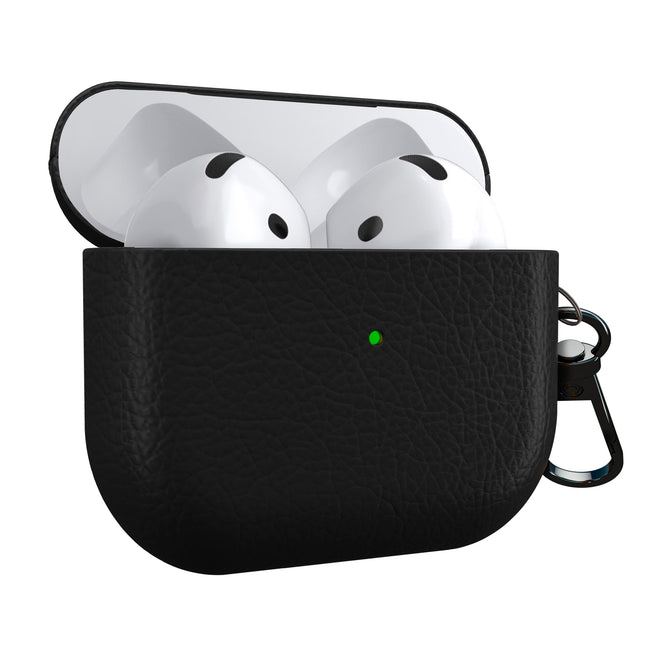 MyGadget Faux Leather Case Compatible with Airpods 4 (2024) - Case [Qi Compatible] - Robust &amp; Shockproof Bumper with Carabiner in Black