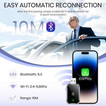 AIZEO juhtmevaba CarPlay adapter, ülikiire uuendus juhtmega CarPlayst juhtmevabaks, pistikprogrammiga ühilduv, miniatuurne ja stabiilne CarPlay juhtmevaba adapter, mis ühildub iPhone'i, iOS 10+ ja juhtmega CarPlayga autodega.