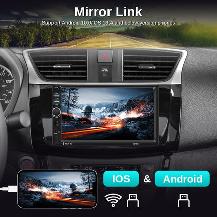 Podofo 2-DIN autoraadio Bluetoothiga, kahe DIN-iga 7-tolline puutetundlik autostereo MP5-mängija koos peegliühendusega iOS-ile/Androidile, FM-raadio, roolil juhtimine, USB/TF/AUX sisend + 7-värviline nupp