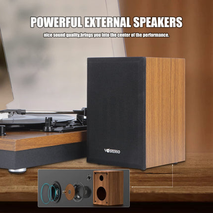 Vinyl Record Player VOSTERIO Bluetooth Record Player with Two 15W External Speakers HiFi Stereo Speakers, 3-Speed ​​33/45/78 RPM, Bluetooth Input &amp; Output, Aux-in, Walnut