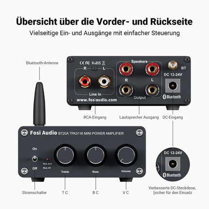 Fosi Audio BT20A Bluetooth võimendi, 200W mini Hifi võimendi TPA3116 võimendikiibiga, bassi ja kõrgete helide reguleerimisega, D-klassi 2.0 stereovõimendi