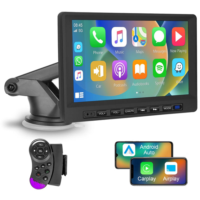 Podofo juhtmevaba Carplay autostereo Android Auto, 7-tolline HD puuteekraan, kaasaskantav Carplay ekraan Bluetoothiga, Mirror Link, SWC, USB/TF-port, iminapaga alus/sigaretisüütaja sõidukitele