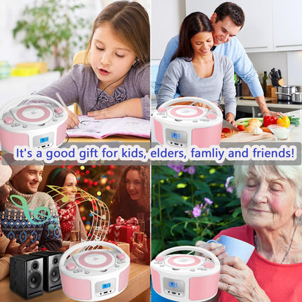 Kaasaskantav CD-mängija Boombox Bluetoothiga | Pult | FM-raadio | USB | MP3 taasesitus | Ühildub CD-R/CD-RW plaatidega (roosa + valge)