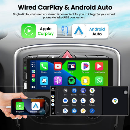 Hikity Carplay Android Auto juhtmega, 1 DIN autoraadio, 6,86-tolline ekraan, Bluetooth käed-vabad peegliühendus, puutetundliku ekraaniga autoraadio FM/EQ/USB/tagurduskaamera/mikrofoniga
