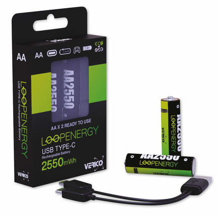 VERICO LoopEnergy AA 2550, Mignon, rechargeable USB-C battery AA 1.5V 2550mWh (1700mAh) Li-Ion battery, fast charging via USB-C connection in approx. 2 hours, 2-pack AA, 1 cable USB-A to 2 x USB-C