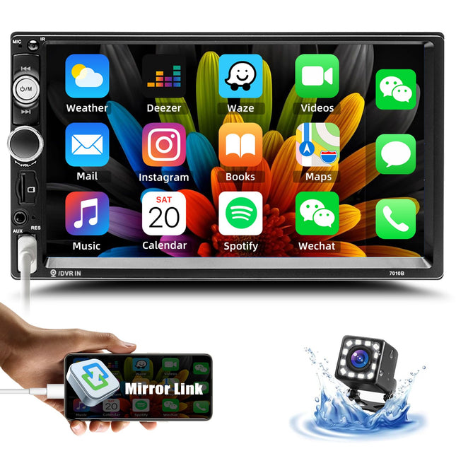CAMECHO 2 DIN Bluetooth autoraadio, 7-tollise ekraaniga autoraadio, peegliühendusega FM USB/AUX sisend/SD, 2 DIN raadiotelefon tahavaatekaamera puldiga